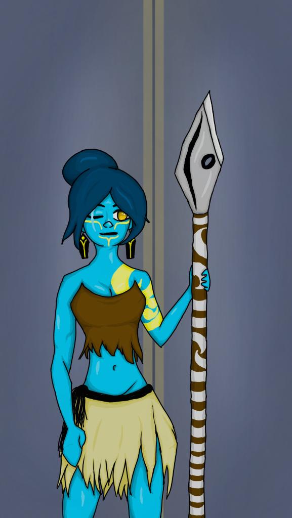 Drawing of a blue-skinned woman standing guard with a staff.