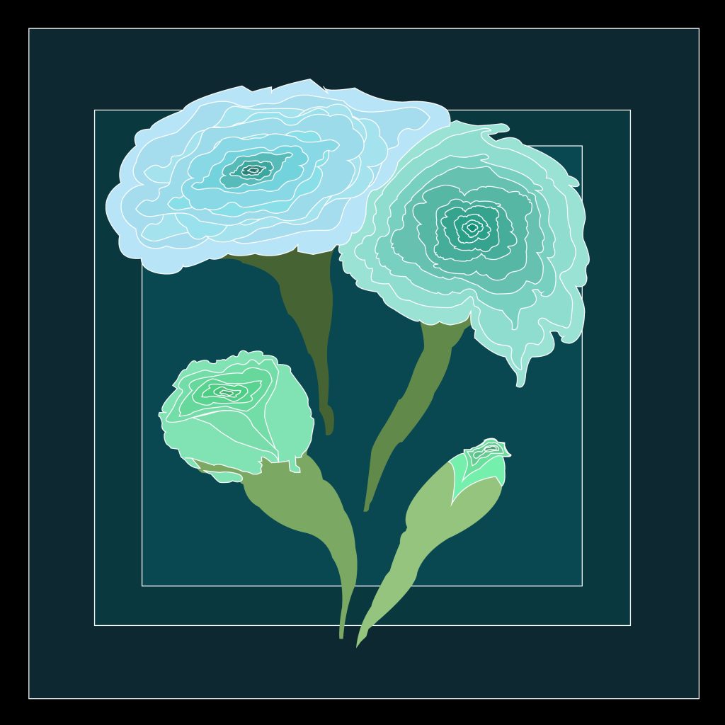 Designed drawing of a flower in four stages; from fully blossomed to a bud.