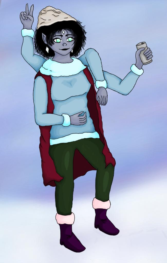Drawing of an alien woman who has four arms, grey-ish skin with a purple tint, and wearing winter clothes.