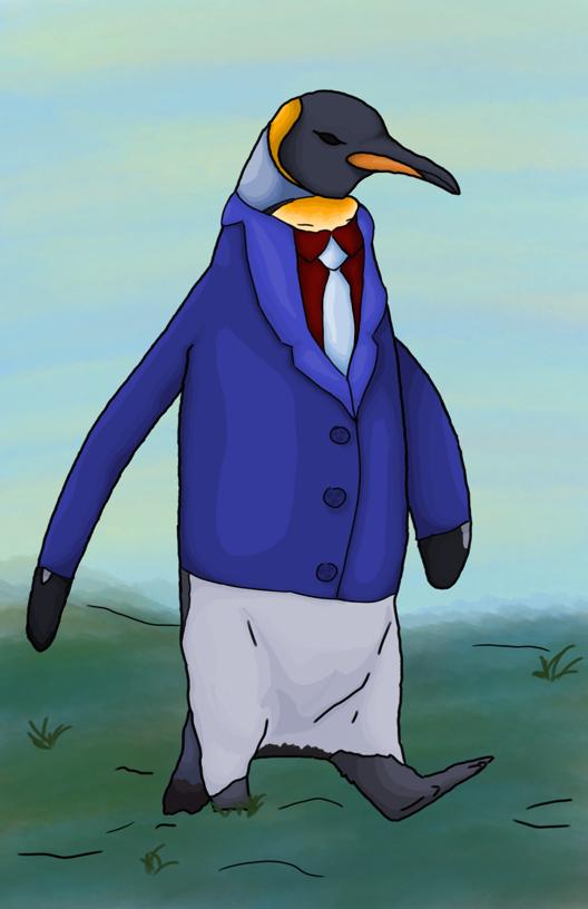 Drawing of Emperor penguin in a blue suit and red dress shirt underneath.