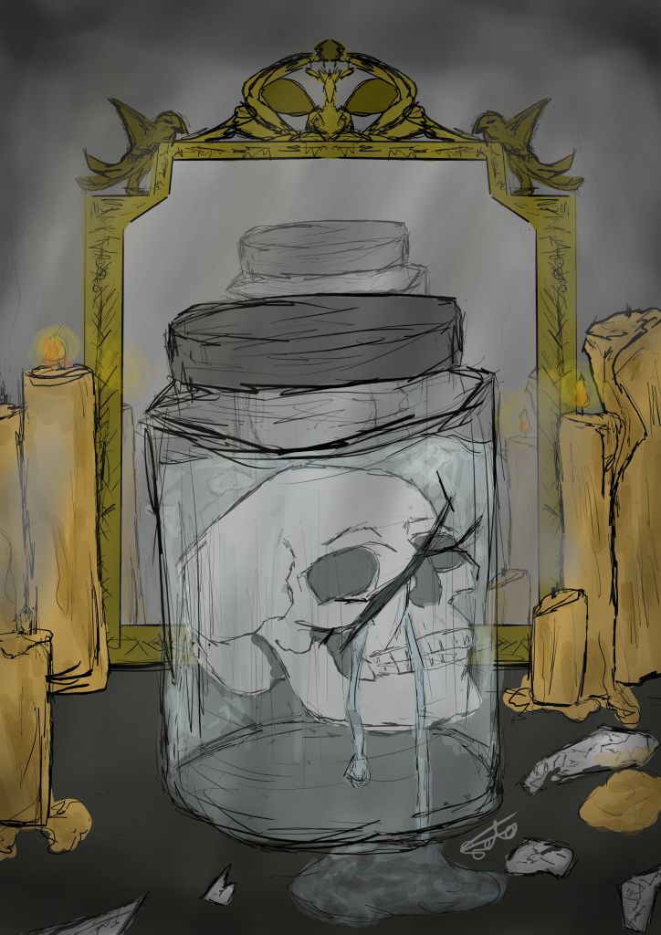 Drawing of a skull in a cracked leaking jar surrounded by melting candles and smoke. On the ground there is a puddle from the leak and some broken glass. Behind the jar is a golden mirror with birds on the top right edges and an owl-like design in the top middle.