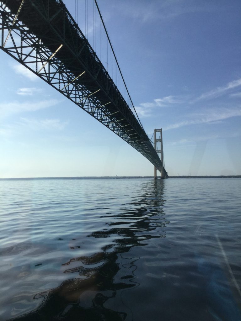 A picture of the underside of Mackinac Bridge